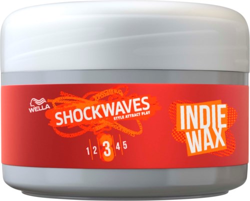 Roter Behälter mit der Beschriftung 'Shockwaves Indie Wax' und einer Styling- und Hitzeschutzskala von 1 bis 5.