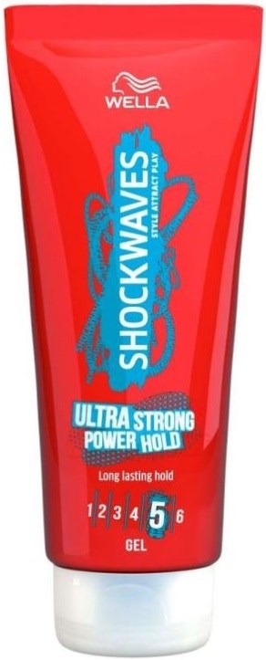 Rote Tube Haargel mit blauer und weißer Verpackung, Name 'Shockwaves' und Produktangaben für starken Halt und langanhaltenden Stil.