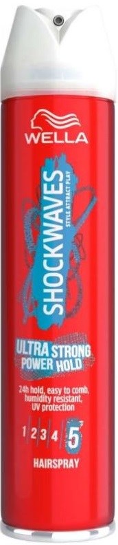 Rote Dose Wella Shockwaves Haarspray mit blauer und weißer Schrift und weißem Deckel.