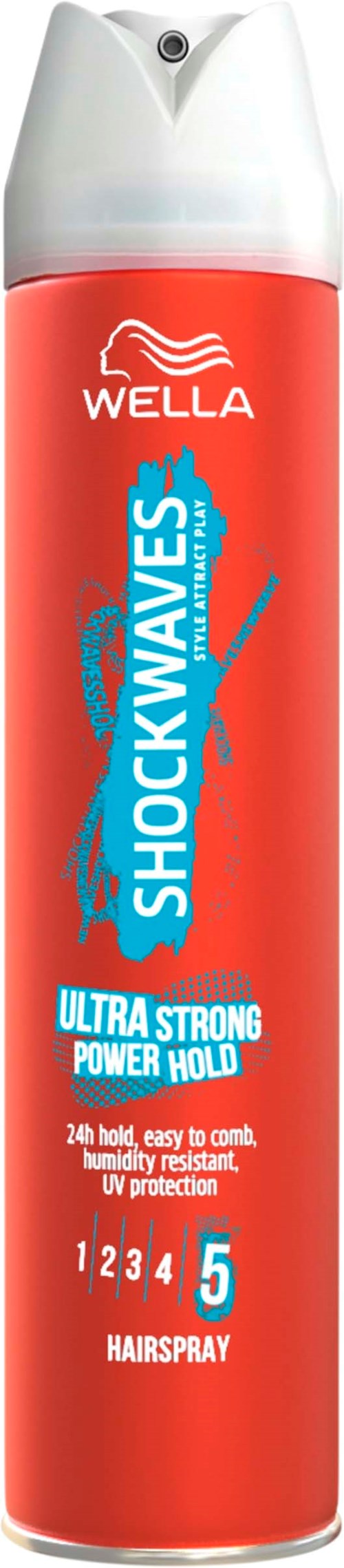Rote Dose Wella Shockwaves Haarspray mit weißen und blauen Text, zeigt Stärke und Schutz.