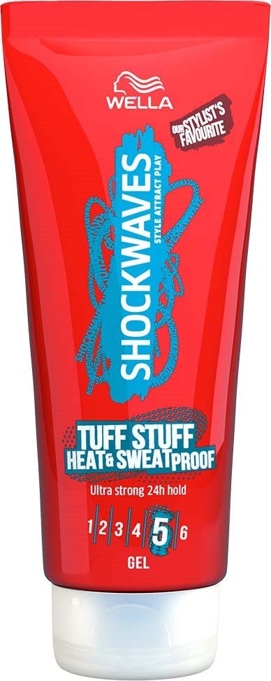 Rote Gel Tube von Wella Shockwaves Tuff Stuff hitze- und schweißfeste Styling-Gel mit 24-Stunden-Halt.