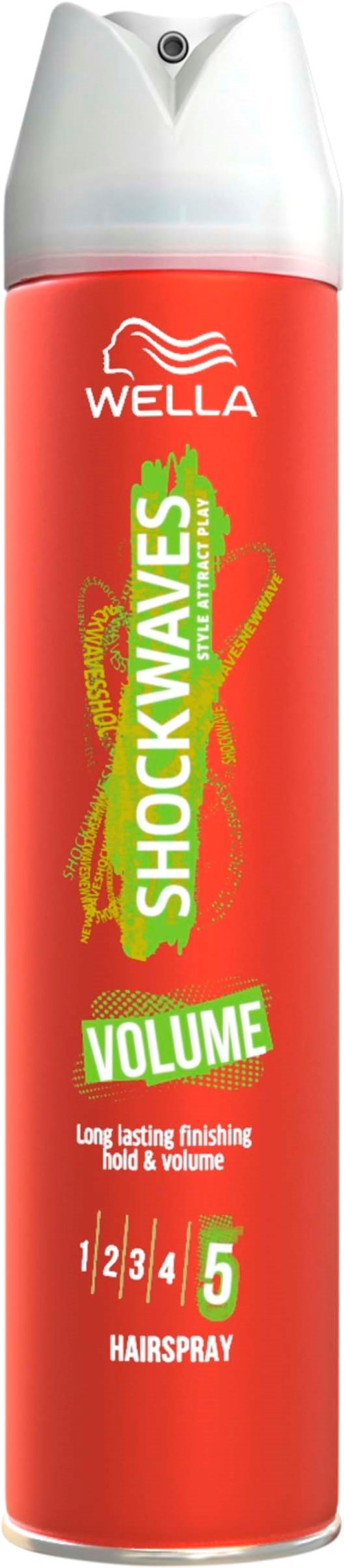 Rote Spraydose von Wella Shockwaves Volume Hairspray mit weißem Deckel und grüner und gelber Schrift.