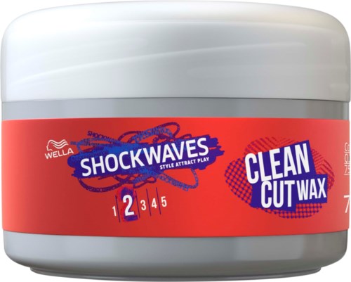 Ein runder grauer Behälter mit weißem Deckel, enthält Shockwaves Clean Cut Wax für Haarstyling.