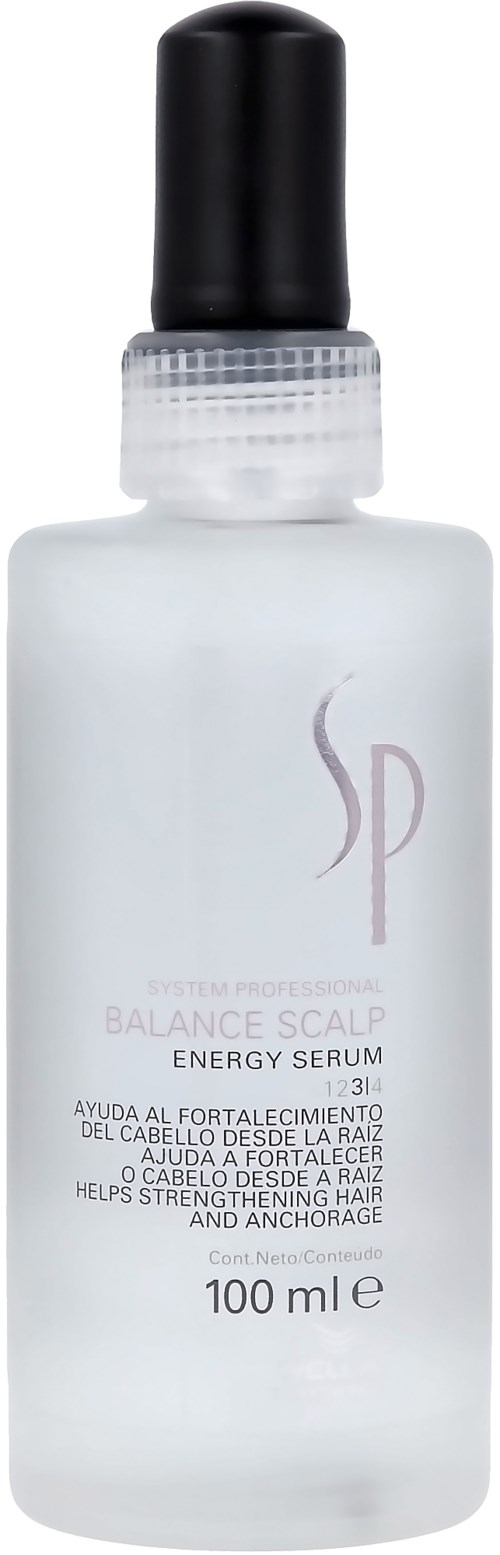 En vit flaska med svart lock, märkt 'Balance Scalp Energy Serum' för hårstyrka och rotstöd.