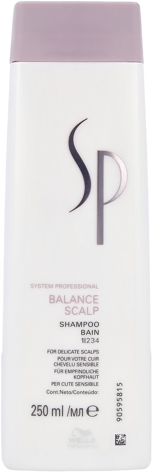 Eine weiße Shampoo-Flasche mit lila Deckel, beschriftet 'Balance Scalp Shampoo' für empfindliches Haar, 250 ml.