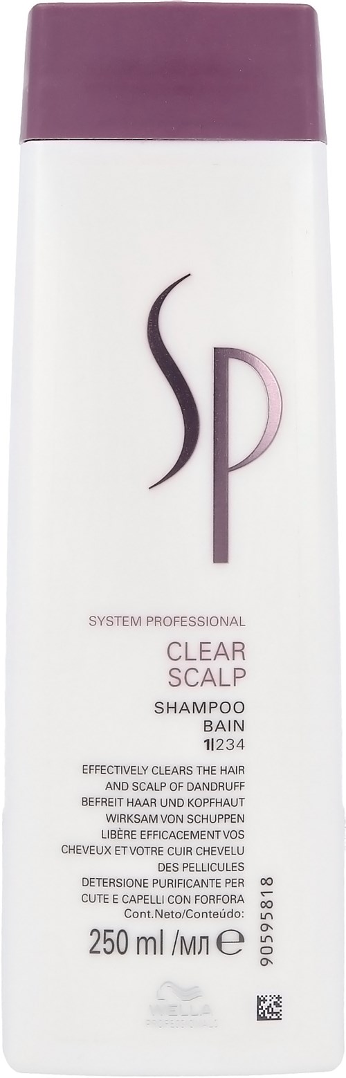 Een witte shampoo fles met een paarse dop, met een logo met gestileerde 'S' en 'P' letters.