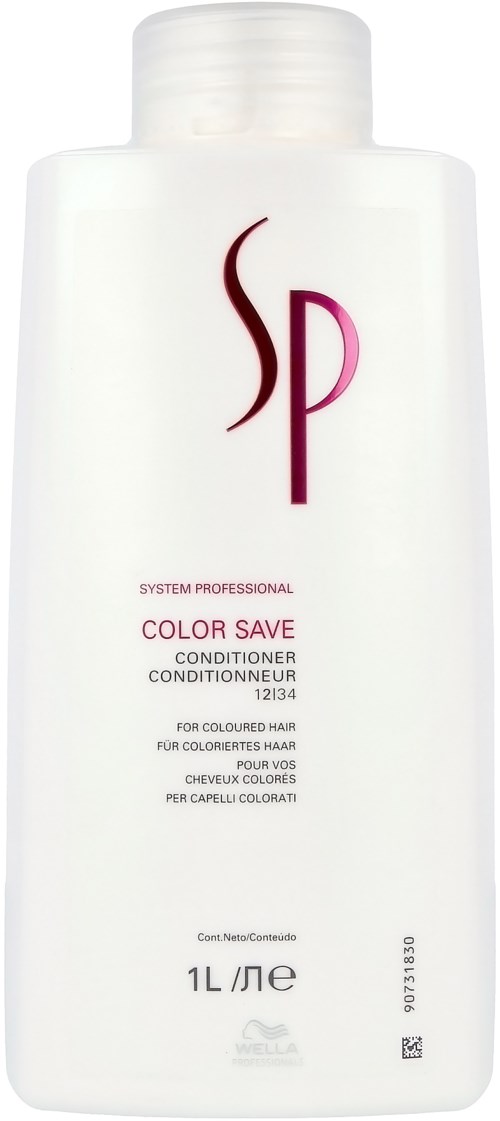 Een lange witte fles met 'Color Save Conditioner' voor gekleurd haar, met een gestileerde 'SP'-logo.