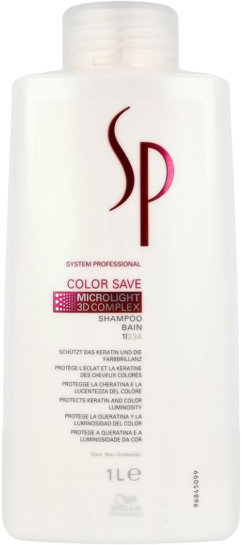 Eine weiße Shampoo-Flasche mit großem 'SP'-Logo, pinkem Etikett und Text zum Farb- und Keratin-Schutz.