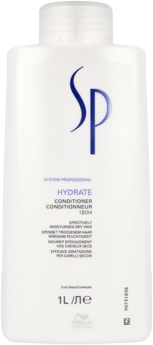 Weiße Flasche mit SP Hydrate Conditioner, blauer Schriftzug, 1 Liter.