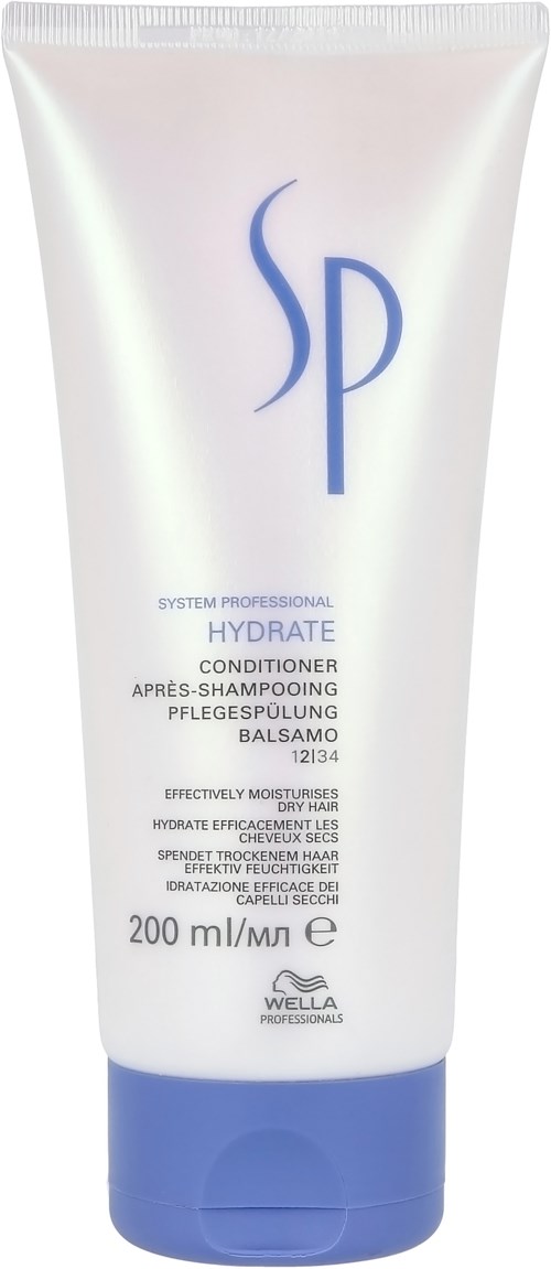 Witte tube Wella SP Hydrate Conditioner, 200 ml, blauwe dop en eenvoudige tekst. Geschikt voor droog haar.