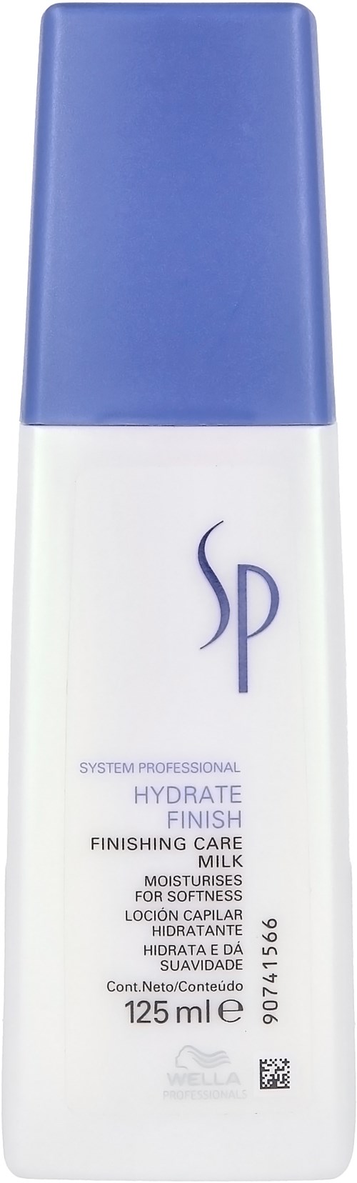 Een witte en blauwe fles met huidverzorgingsproduct, gelabeld 'Hydrate Finish' met gebruiksinstructies en volume.