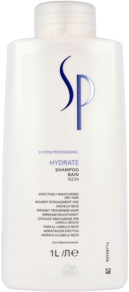 Valkoinen shampootölkki, jossa sininen ja musta teksti, merkintä Hydrate Shampoo kuivalle hiuksille, 1 litra.