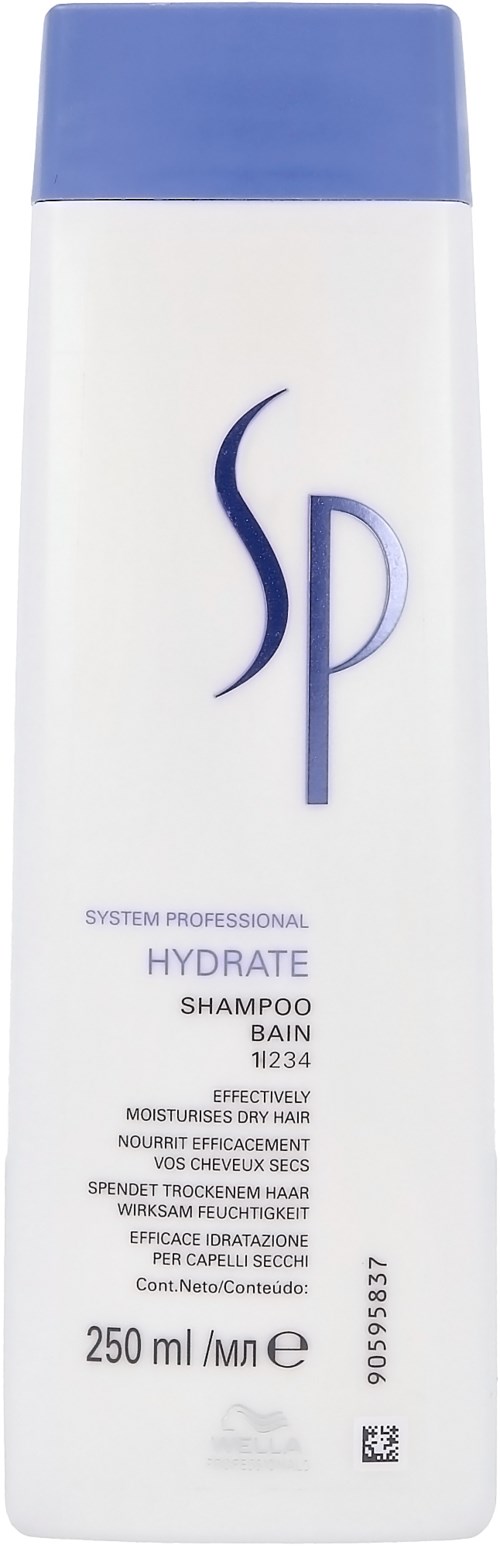 Een witte en paarse fles shampoo met het label 'SP Hydrate' en details in kleine tekst.