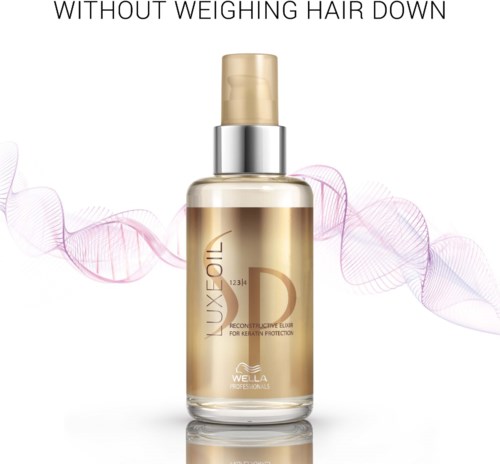 A hair serum in a gold and silver bottle, with waves and text highlighting it nourishes hair without weighing it down.