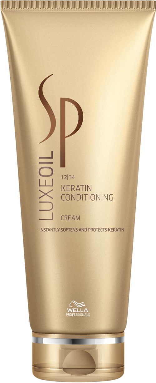 Goudkleurige tube met Luxeoil Keratin Conditioning Cream, verzacht en beschermt haar.