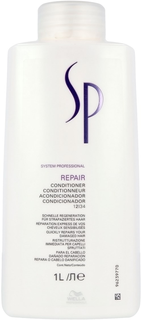 Een witte fles met paarse en zwarte tekst, gelabeld als herstellende conditioner voor haar, bevat 1 liter.