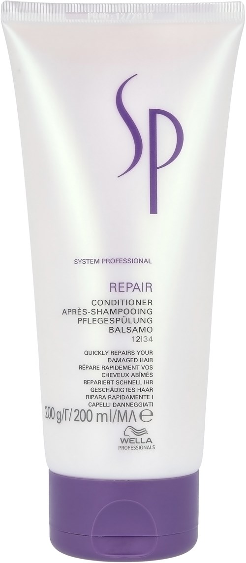 Eine weiße und lila Tube mit Conditioner namens 'Repair', die beschreibt, wie man geschädigtes Haar repariert und pflegt.
