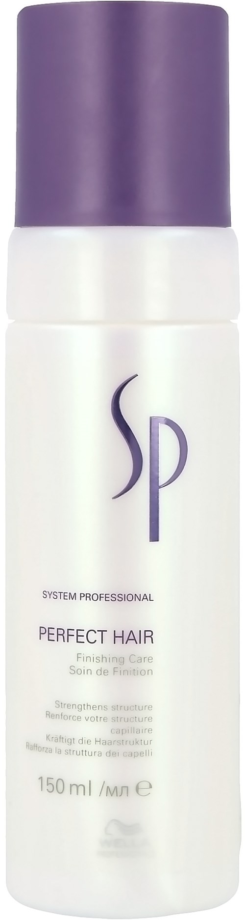 En vit flaska med lila topp, märkt 'Perfect Hair', troligen ett hårvårdsprodukter eller spray.