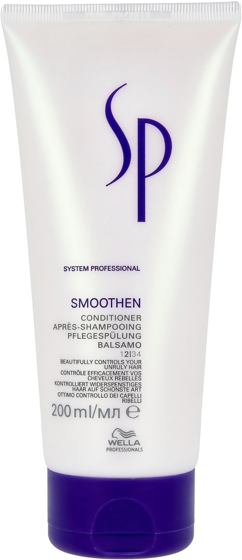 Witte tube met haarconditioner 'Smoothen' met paarse en zwarte tekst, met een paarse logo bovenaan.
