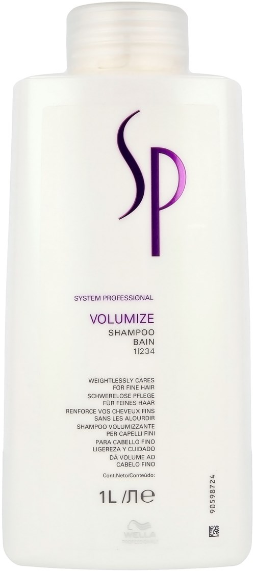 En vit schampoflaska med lila och svart text, märkt 'Volumeize Shampoo' av SP, 1 liters kapacitet.
