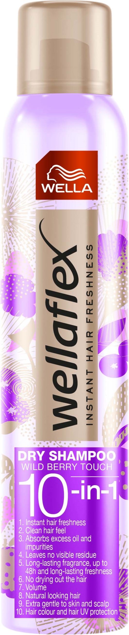 Eine Dose Wella WeledaFlex Trockenshampoo mit lila Akzenten, sagt es ist 10-in-1 für sofortige Frische und Geruchsentfernung.