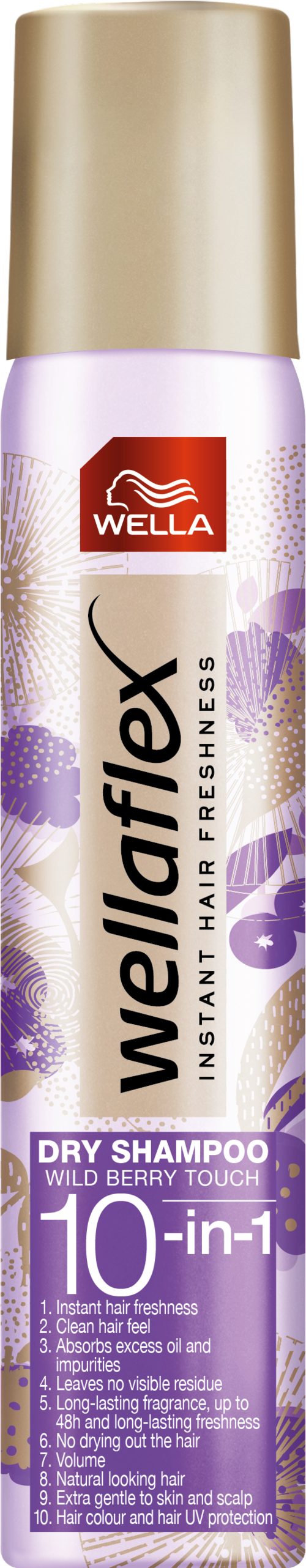 Eine Dose Wella wellaflex Trockenshampoo mit lila und goldenem Design, verspricht 10-in-1 Vorteile für Haarfrische.