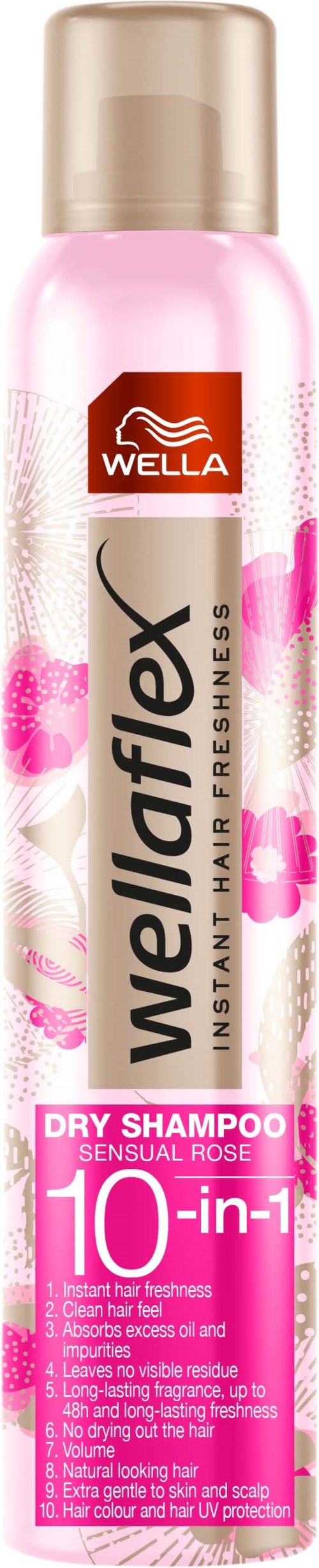 Eine rosa und weiße Flasche Wella Wellaflex Trockenshampoo mit beigem Deckel. Es erwähnt 10-in-1 Vorteile für Haare.