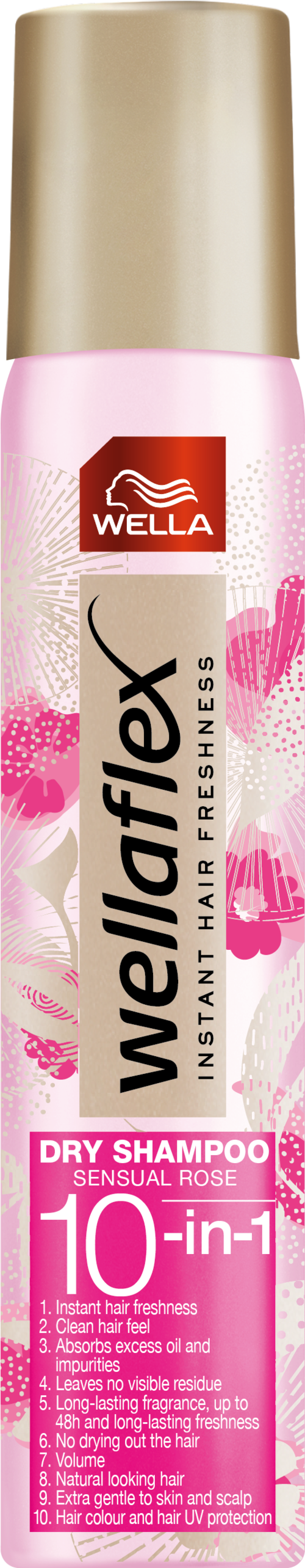 Eine rosa Flasche Wella Flex Trockenshampoo mit Goldkappe und Kennzeichnung, die 10-in-1 für trockenes und fettiges Haar angibt.