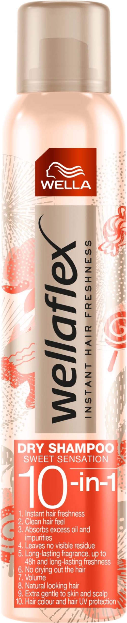 Eine lange rosa Flasche mit Silberverschluss, gekennzeichnet für Trockenshampoo, mit roten und weißen Texten und wirbelndem Design.