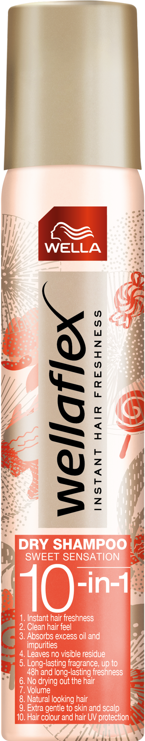 Eine Dose Wella Flex Trockenshampoo mit goldener Kappe, rosa und weißem Etikett, erwähnt 10-in-1 Vorteile für Haare.