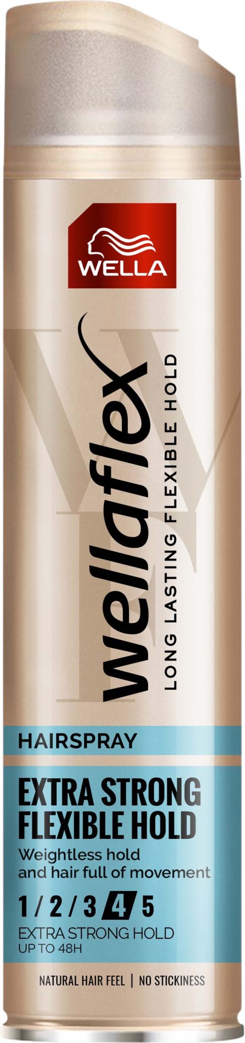Eine silberne Spraydose mit blauer und schwarzer Schrift, gekennzeichnet als Wella WellaFlex Haarspray für starken, flexiblen Halt.
