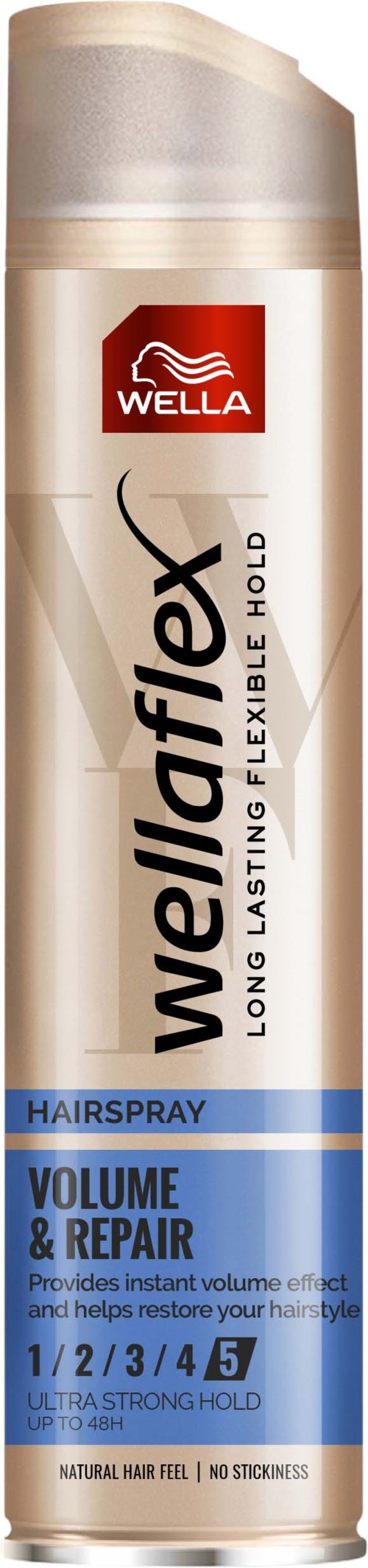 Eine Dose WellaWellaFlex Haarspray für Volumen und Reparatur, bietet starken Halt und gesundes Haar.