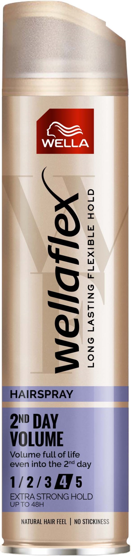 Eine Dose Wella WellaFlex Haarspray mit beigem Körper und blauer Beschriftung, zeigt Marken- und Produktinformationen.