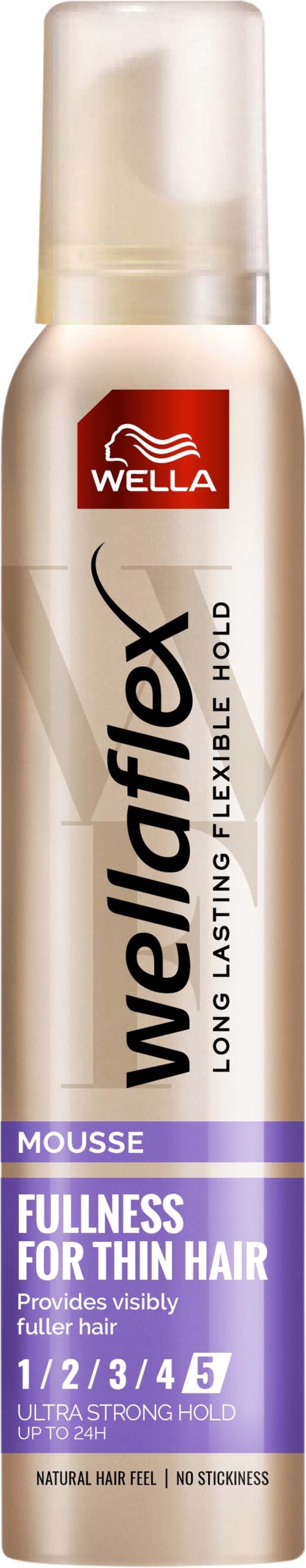 Eine Dose Wella Wolletflex Schaumfestiger für dünnes Haar mit starkem Halt, verleiht Volumen und dauerhafte Form.