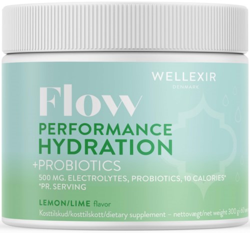 A jar of wellness supplement named Flow, with lemon/lime flavor, meant for hydration and probiotics. It contains electrolytes.