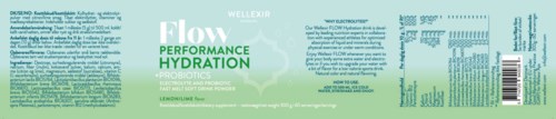 A long, horizontal label with blue and green colors, showing product name 'Flow' and descriptions about hydration and performance.