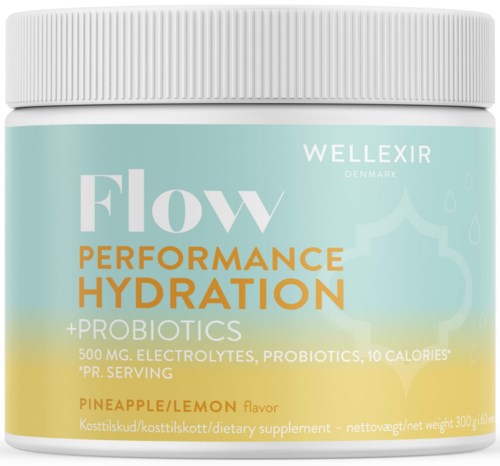 Ein Behälter Wellness-Pulver mit Aufschrift 'Flow Performance Hydration' mit Ananas-Zitrone Geschmack, Probiotika, Elektrolyte und Kalorien.