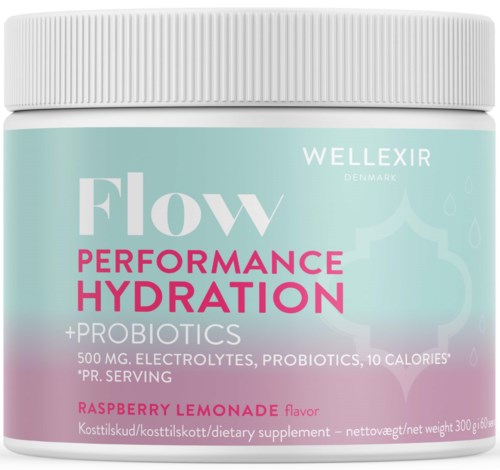 Ein Behälter mit der Aufschrift 'Flow Performance Hydration' mit Himbeer-Limonade-Geschmack, fördert Hydratation, Probiotika und Elektrolyte. Es hat einen weißen Deckel.