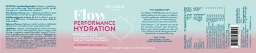 Eine hellblaue und rosa Etikette mit Produktname 'Flow' und Worten wie 'Performance,' 'Hydration' und 'Probiotics.'