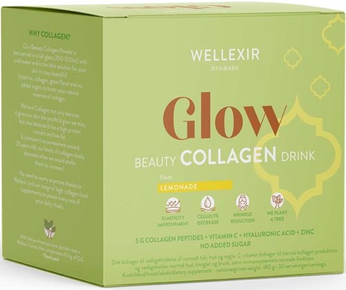 Grüner Karton mit Text über Kollagen-Getränk, Zitronengeschmack, und Vorteile für Haut und Gesundheit.