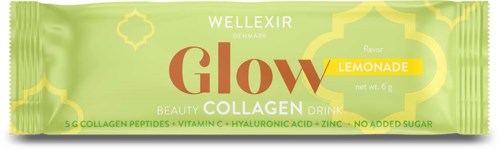 Grüne und gelbe Verpackung für Glow Collagen Drink mit Zitronengeschmack, fördert Hautvorteile und keinen Zuckerzusatz.