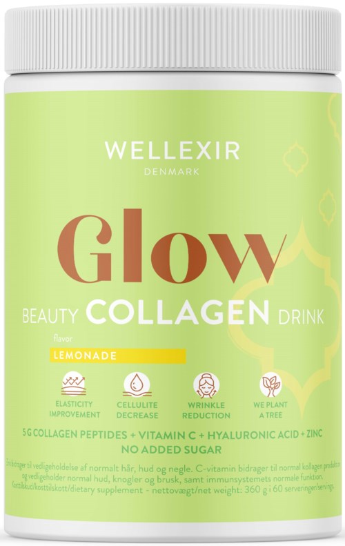 Grüne Packung mit 'Glow Collagen Drink' Zitronengeschmack, erwähnt Vorteile wie Elastizität und Reduktion von Falten.