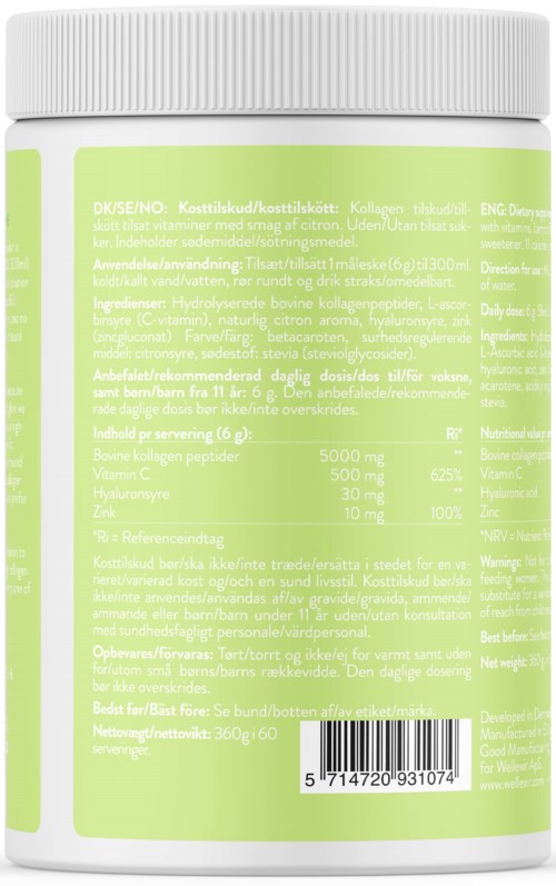 Eine grüne und weiße Nahrungsergänzungsflasche mit Etiketten und Barcode, enthält Kollagen und Vitamine für die Hautgesundheit.