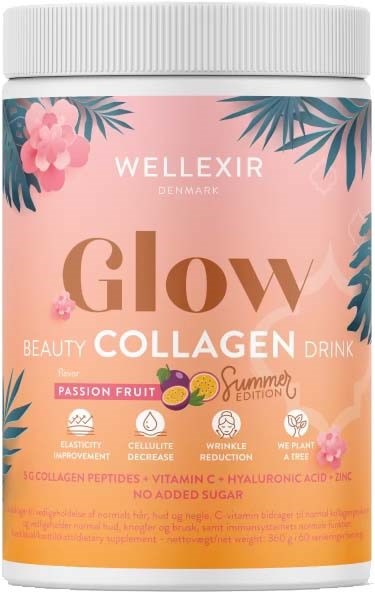 Ein Behälter mit Kollagen-Drink 'Glow' mit Sommerausgabe, Passionsfrucht-Geschmack und tropischen Blumendesigns.