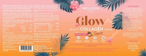 Ein buntes Etikett mit tropischen Blättern, Blumen und Text, das ein Kollagengetränk namens Glow bewirbt. Es betont Schönheit und Gesundheit.