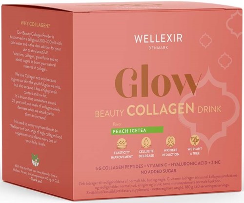 Rosa Verpackung von Wellixir Glow Collagen Drink mit Pfirsichgeschmack, fördert Hautgesundheit und Kollagen.
