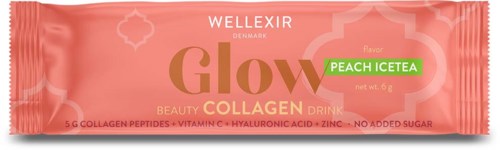 Eine pfirsichfarbene Verpackung für Collagen-Getränk mit Markenname WellXir Glow, enthält Geschmack und Zutaten.