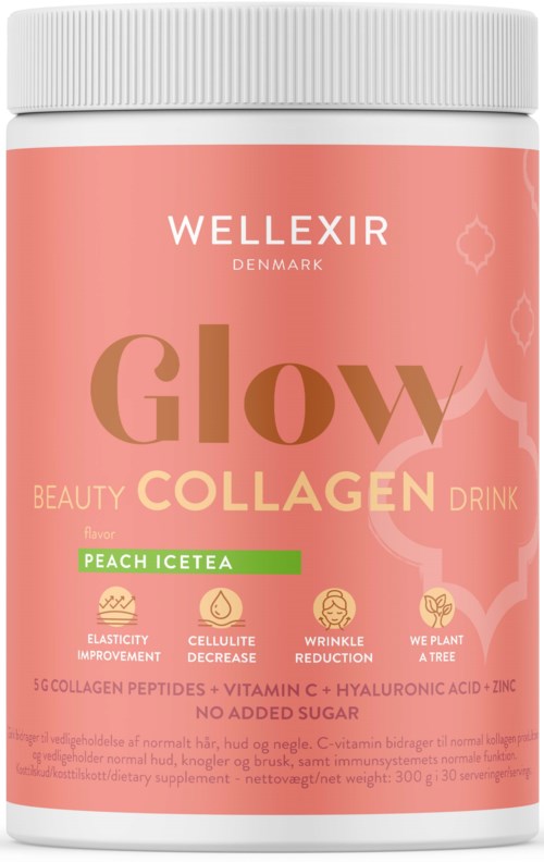 Hellrosa Behälter mit der Aufschrift 'Glow Collagen Drink' mit Pfirsichgeschmack und Gesundheitsvorteilen.