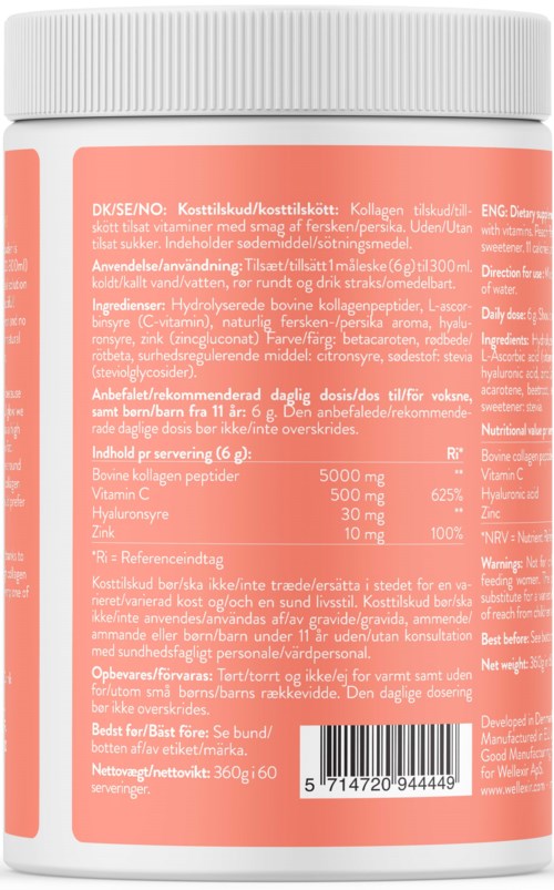 Ein Nahrungsergänzungsmitteldose mit rosa Etikett, weißem Deckel und Nährwertangaben in verschiedenen Sprachen.