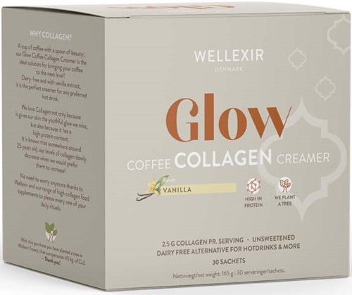 Eine Schachtel Wellfixir Glow Coffee Collagen Creamer mit Vanillegeschmack, beschreibend über Kollagenvorteile und Inhaltsstoffe.
